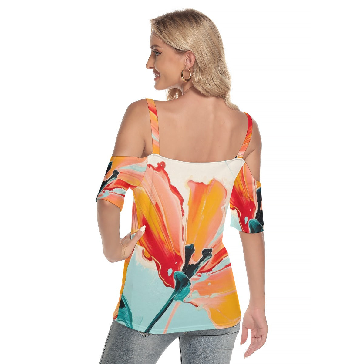 All-Over Print Women's Cold Shoulder T-shirt With Criss Cross Strips