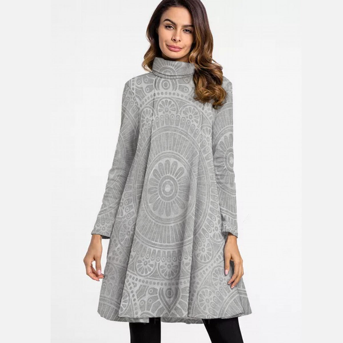 All-Over Print Women's High Neck Dress With Long Sleeve