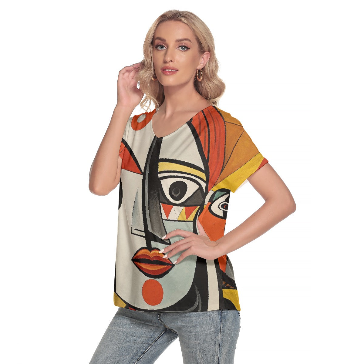 All-Over Print Women's Loose V-neck Short Sleeve T-shirt