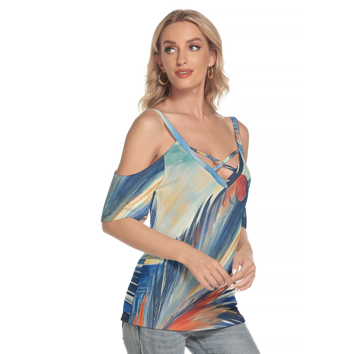 All-Over Print Women's Cold Shoulder T-shirt With Criss Cross Strips