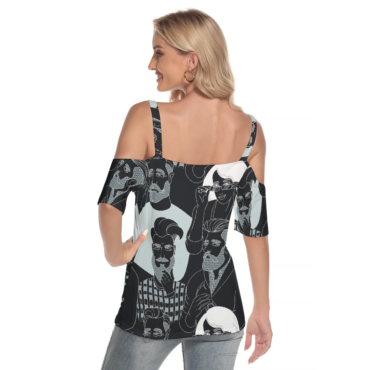 All-Over Print Women's Cold Shoulder T-shirt With Criss Cross Strips