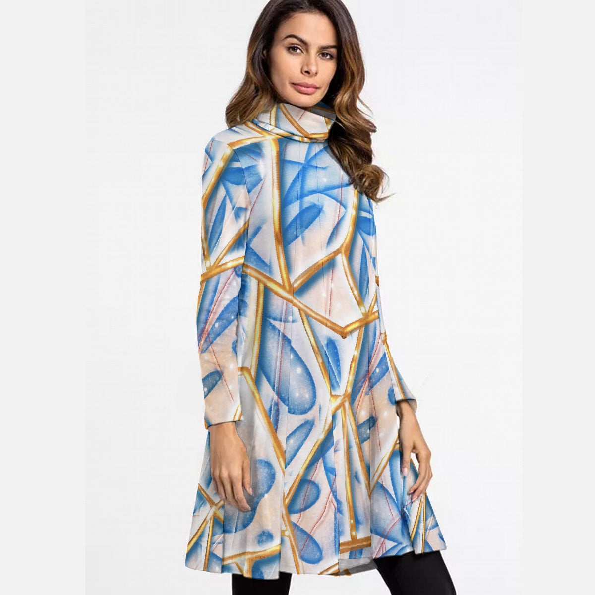 All-Over Print Women's High Neck Dress With Long Sleeve