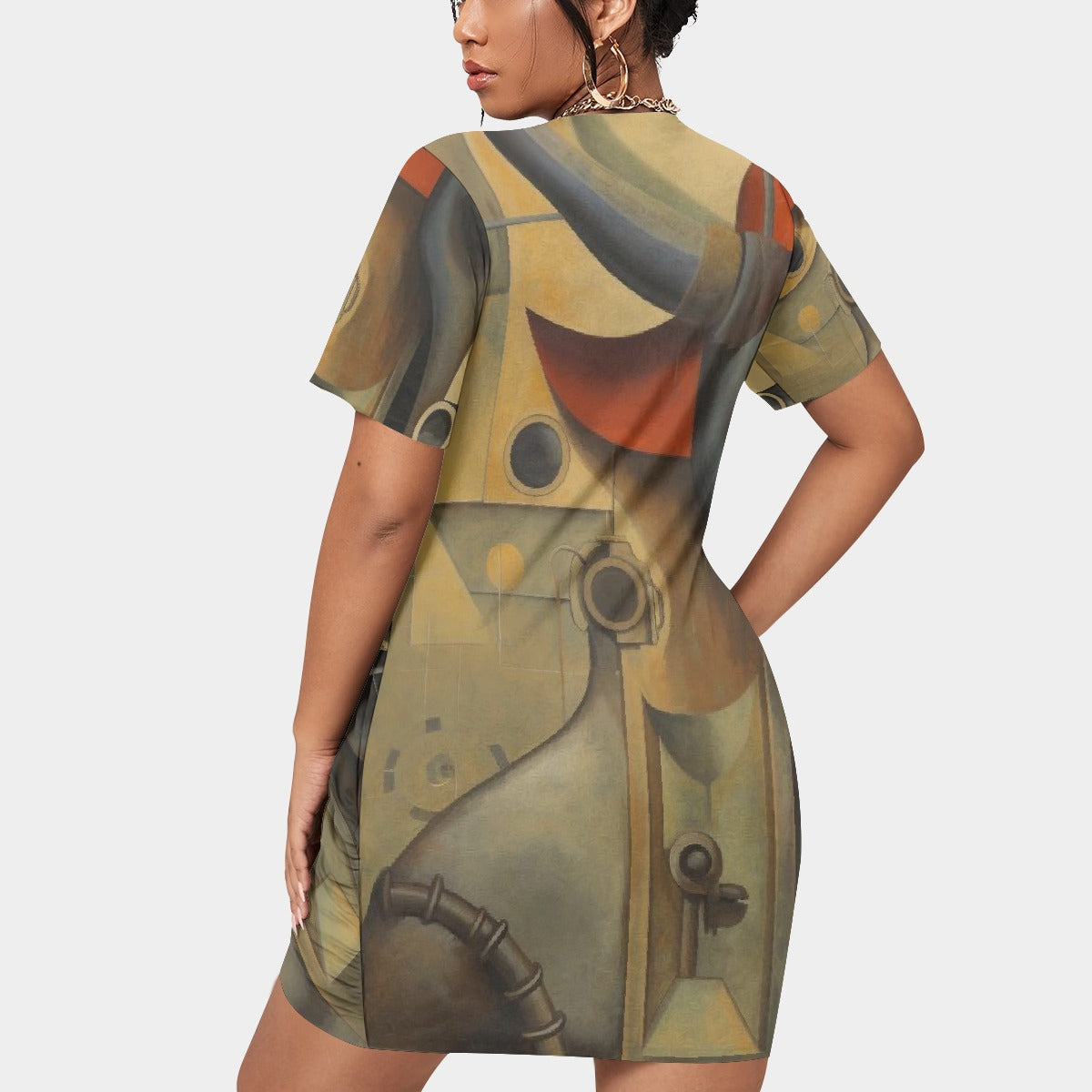 All-Over Print Women’s Stacked Hem Dress With Short Sleeve（Plus Size）