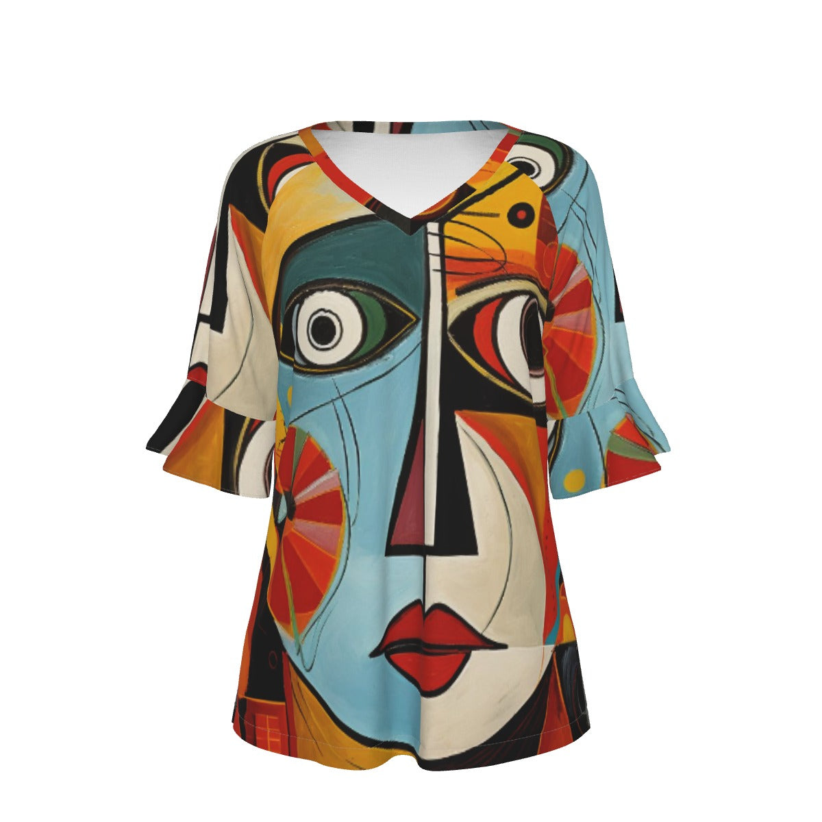 All-Over Print V-neck Women's T-shirt With Bell Sleeve