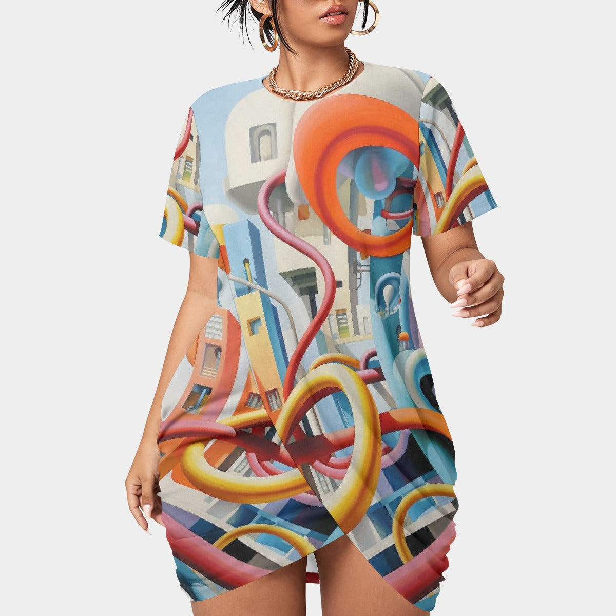 All-Over Print Women’s Stacked Hem Dress With Short Sleeve（Plus Size）