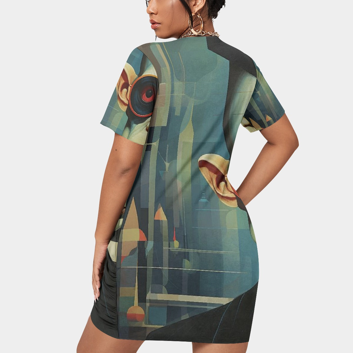 All-Over Print Women’s Stacked Hem Dress With Short Sleeve（Plus Size）