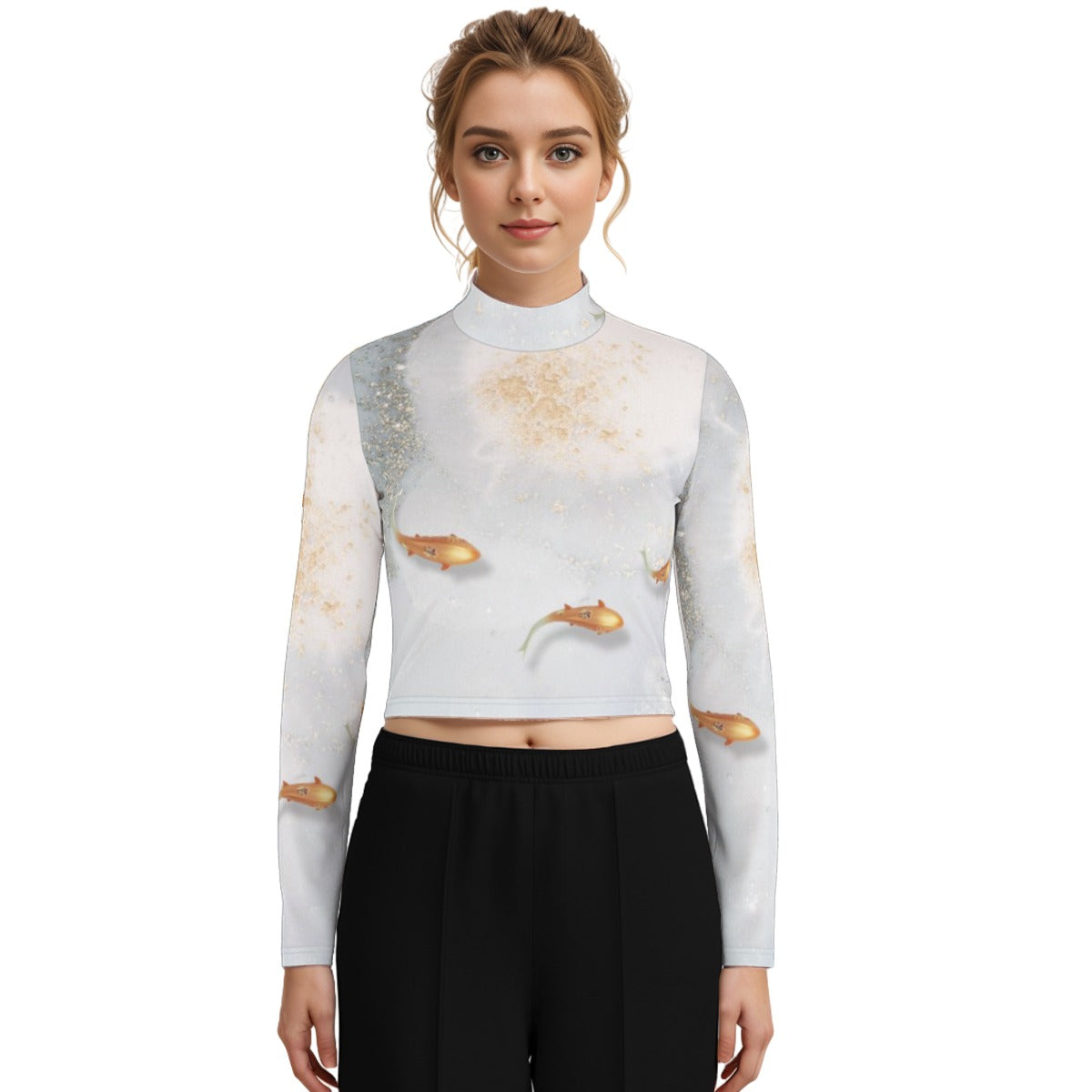 Eco-Friendly All-Over Print Women's Turtleneck T-shirt With Long Sleeve