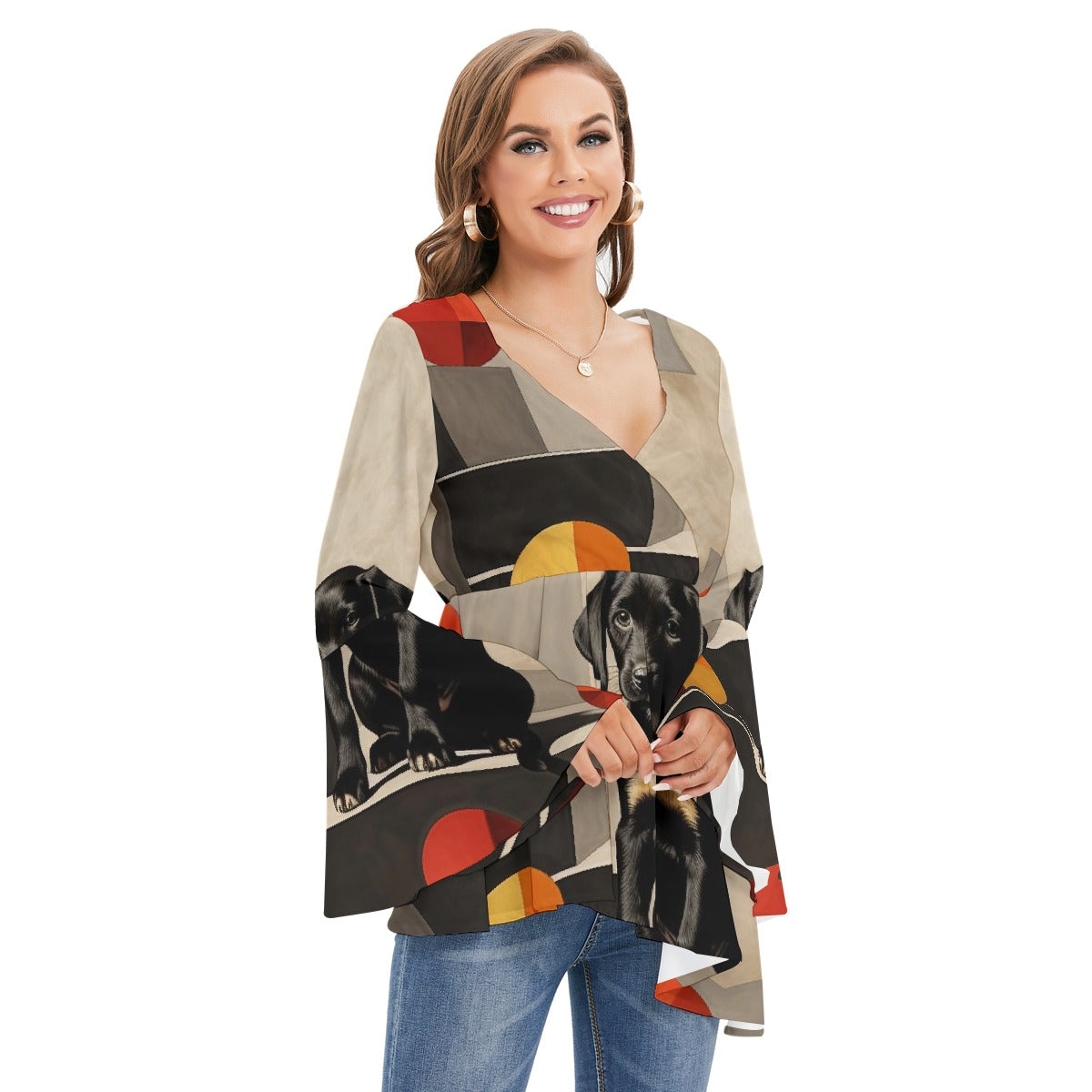 All-Over Print Women's V-neck Blouse With Flared Sleeves