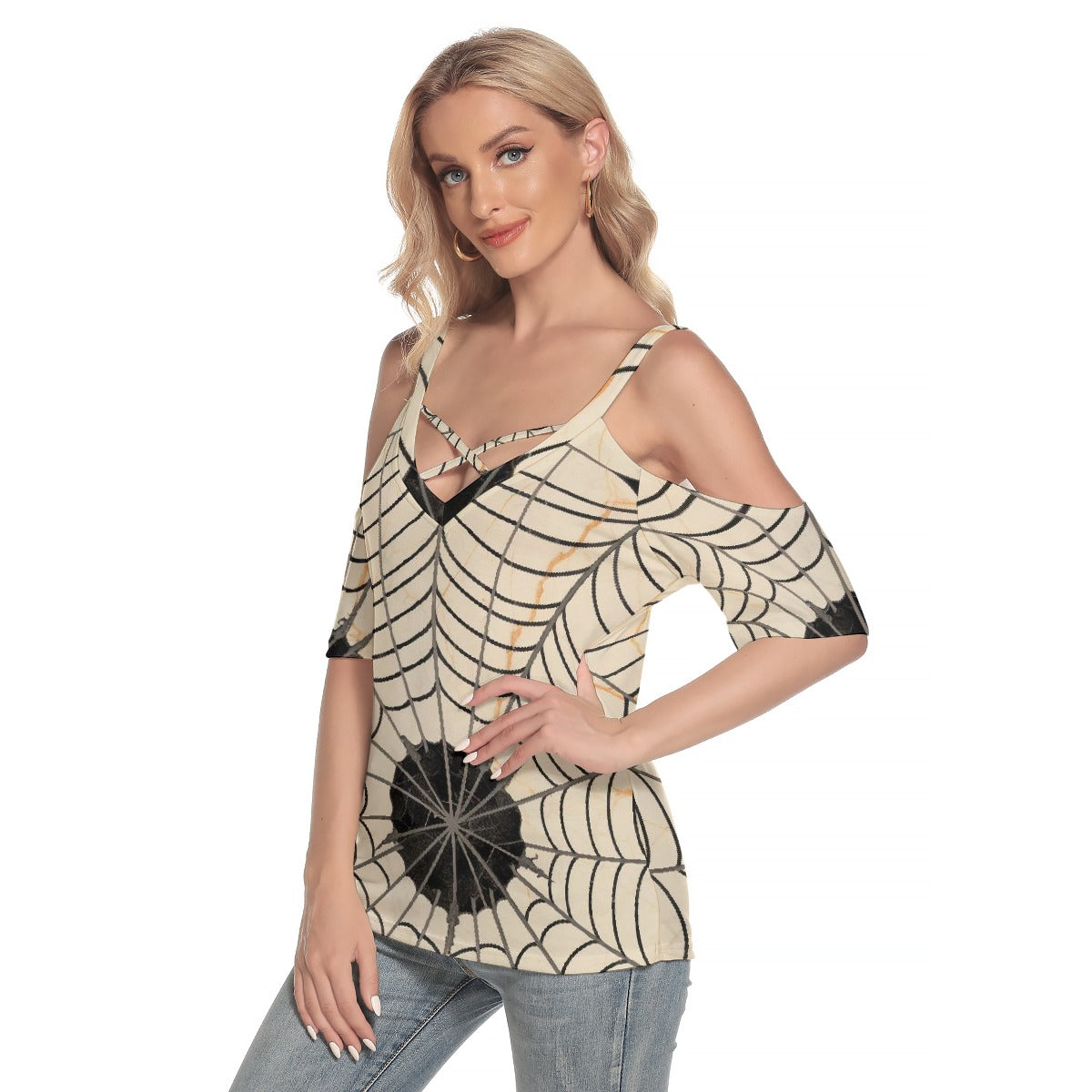 All-Over Print Women's Cold Shoulder T-shirt With Criss Cross Strips