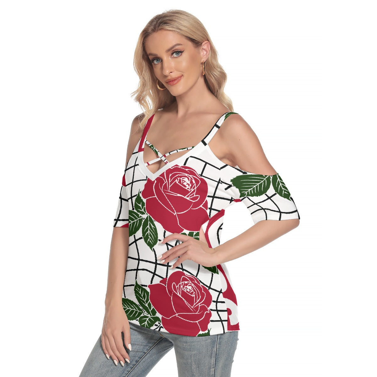 All-Over Print Women's Cold Shoulder T-shirt With Criss Cross Strips