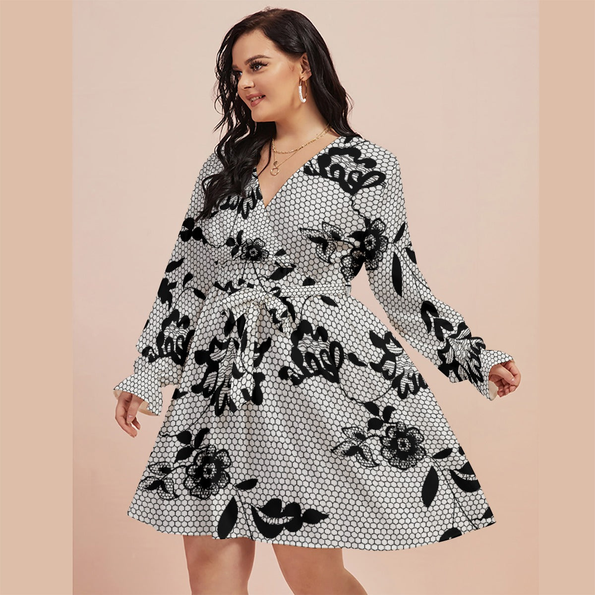 All-Over Print Women's V-neck Dress With Waistband(Plus Size)