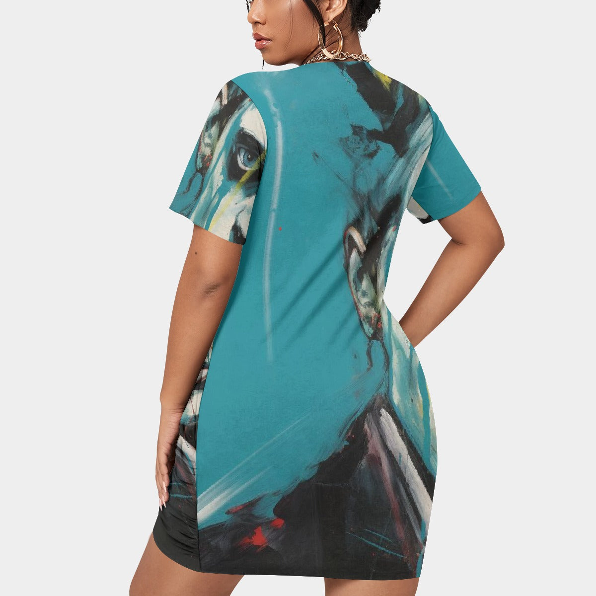 All-Over Print Women’s Stacked Hem Dress With Short Sleeve（Plus Size）