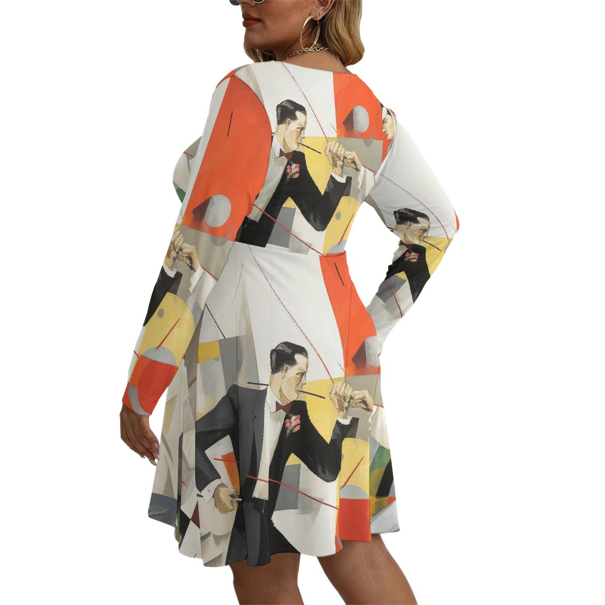 All-Over Print Women's V-neck Long Sleeve Dress(Plus Size)