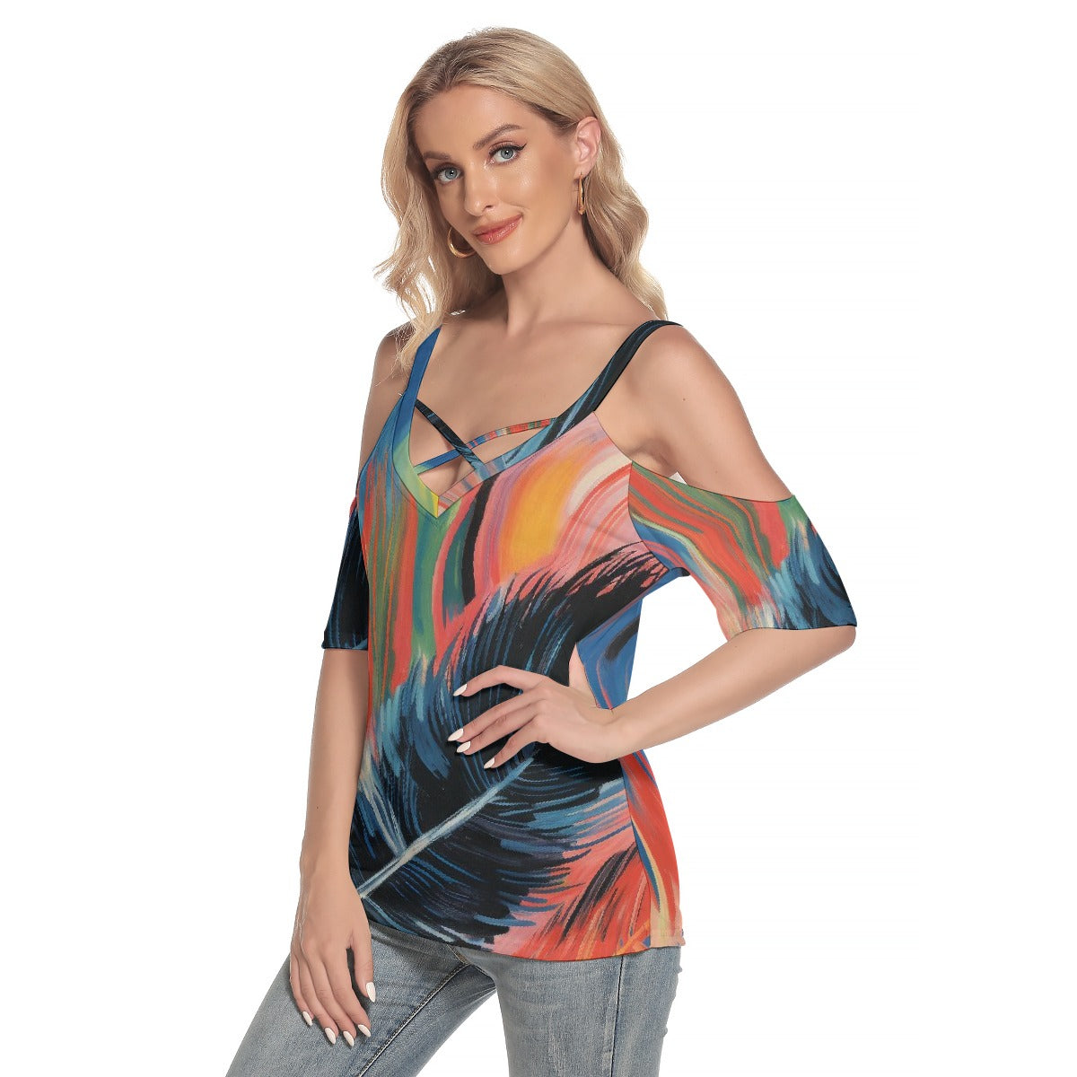 All-Over Print Women's Cold Shoulder T-shirt With Criss Cross Strips