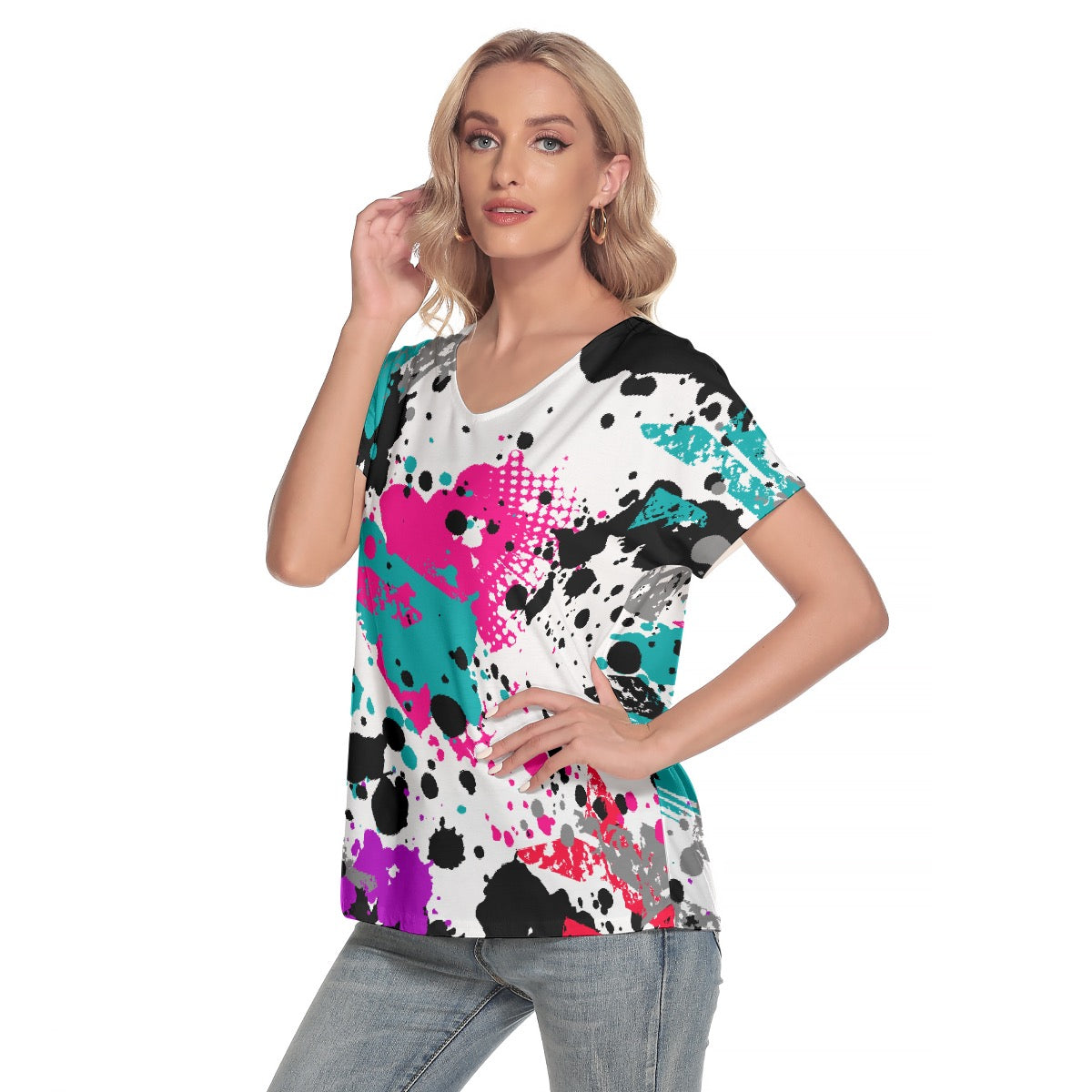 All-Over Print Women's Loose V-neck Short Sleeve T-shirt