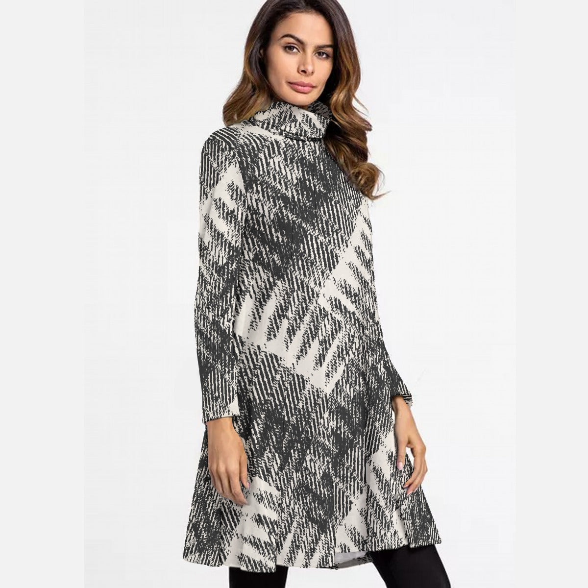 All-Over Print Women's High Neck Dress With Long Sleeve