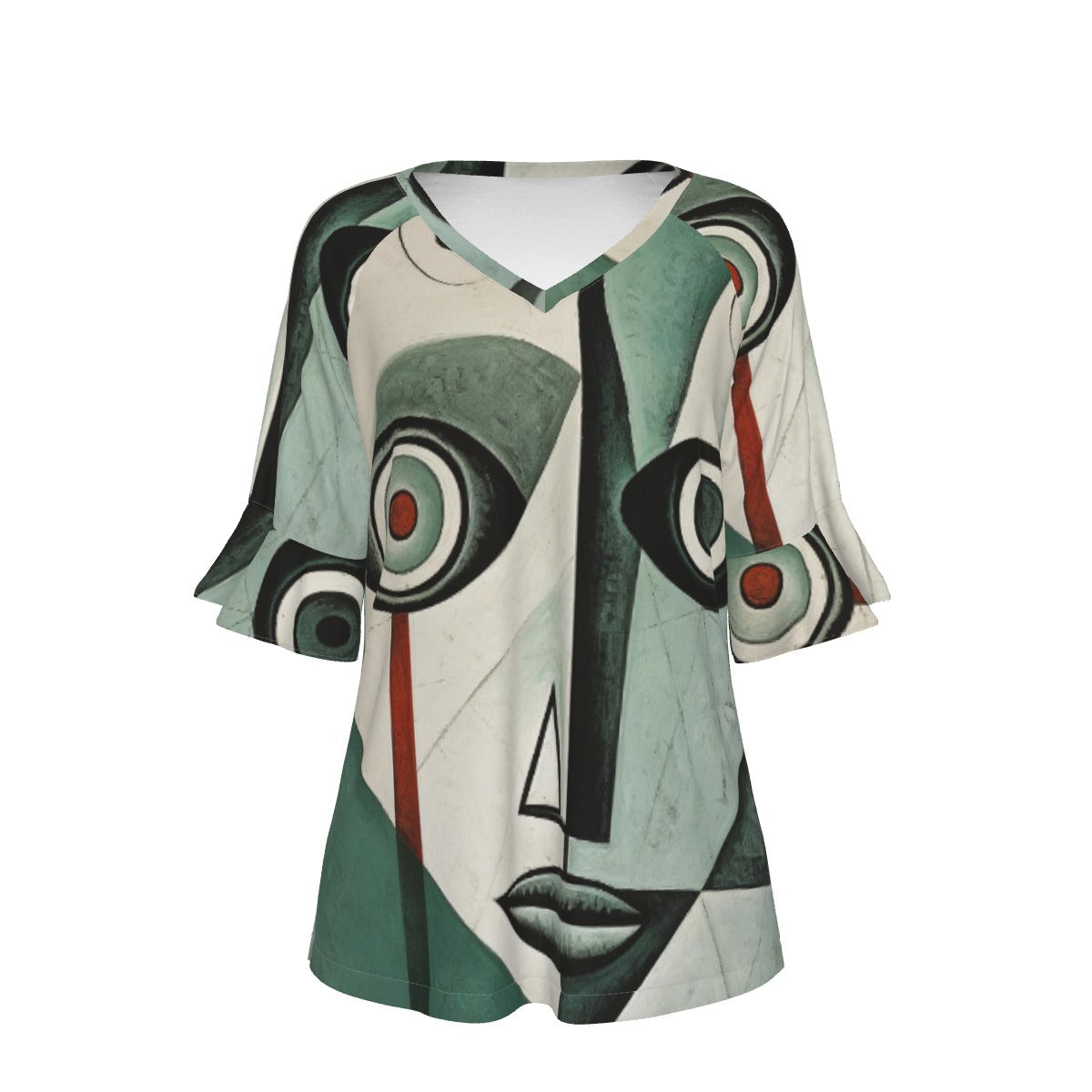 All-Over Print V-neck Women's T-shirt With Bell Sleeve