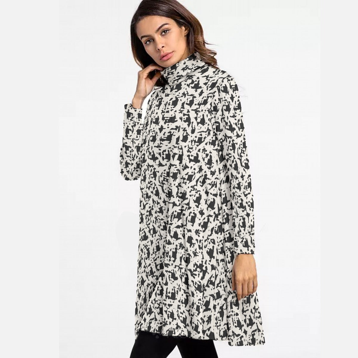 All-Over Print Women's High Neck Dress With Long Sleeve