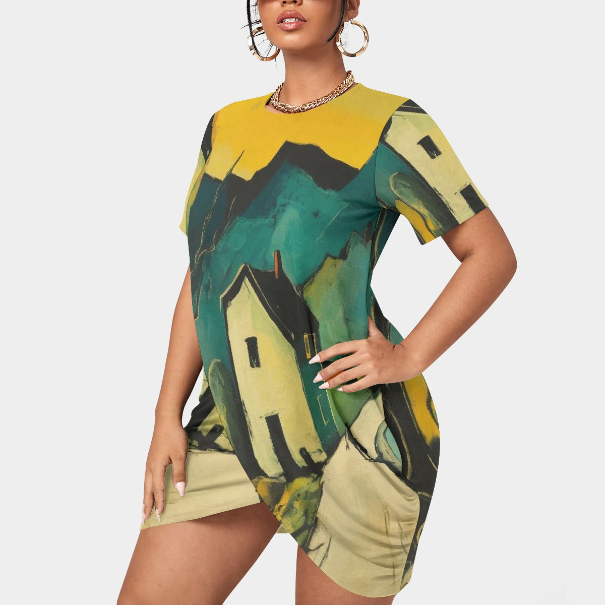 All-Over Print Women’s Stacked Hem Dress With Short Sleeve（Plus Size）