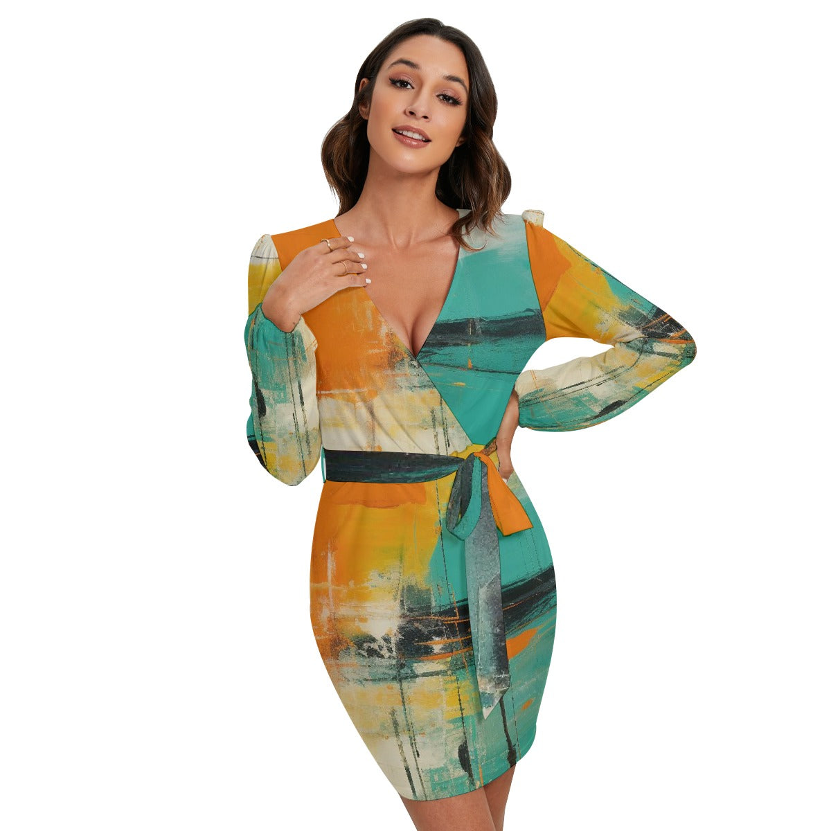 All-Over Print Women's Long Sleeve Dress With Waist Belt