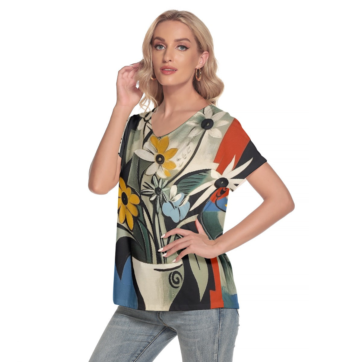 All-Over Print Women's Loose V-neck Short Sleeve T-shirt