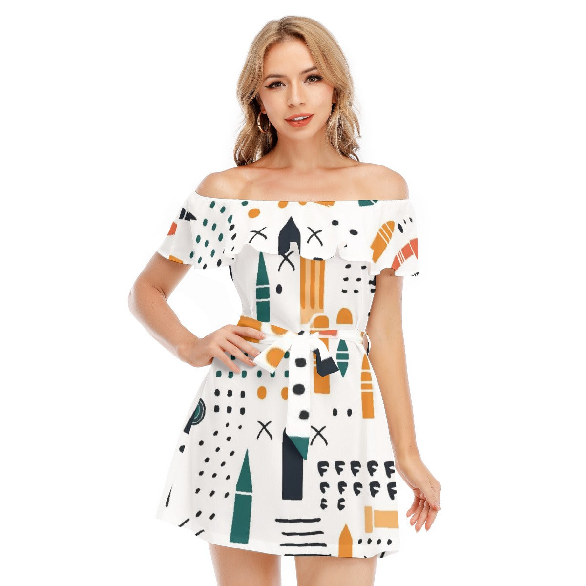 All-Over Print Women's Off-shoulder Dress With Ruffle