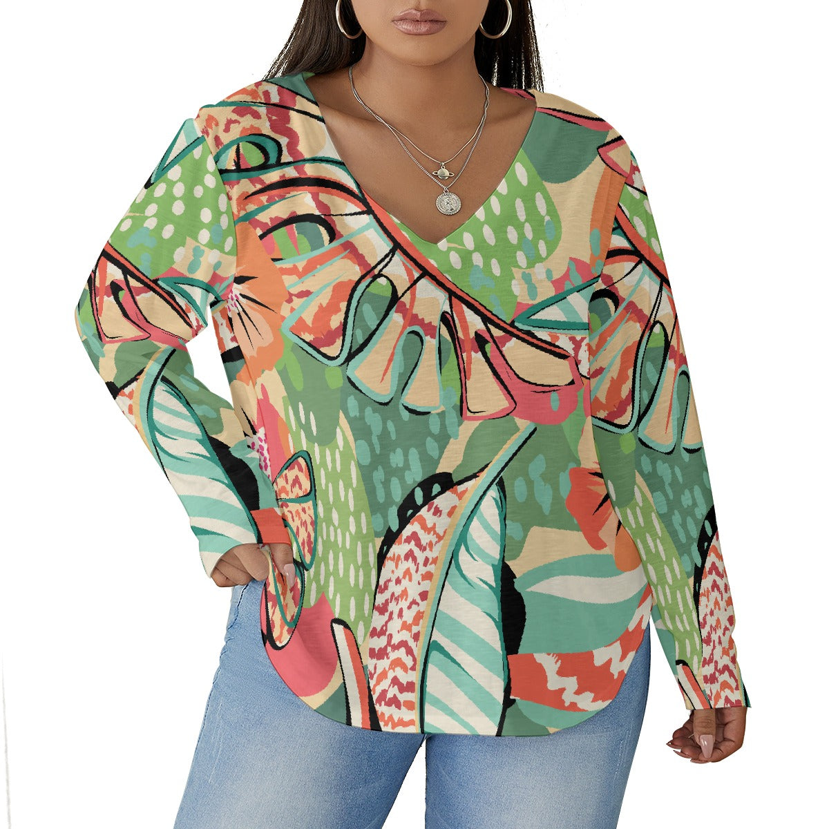 All-Over Print Women's V-neck T-shirt With Curved Hem(Plus Size)