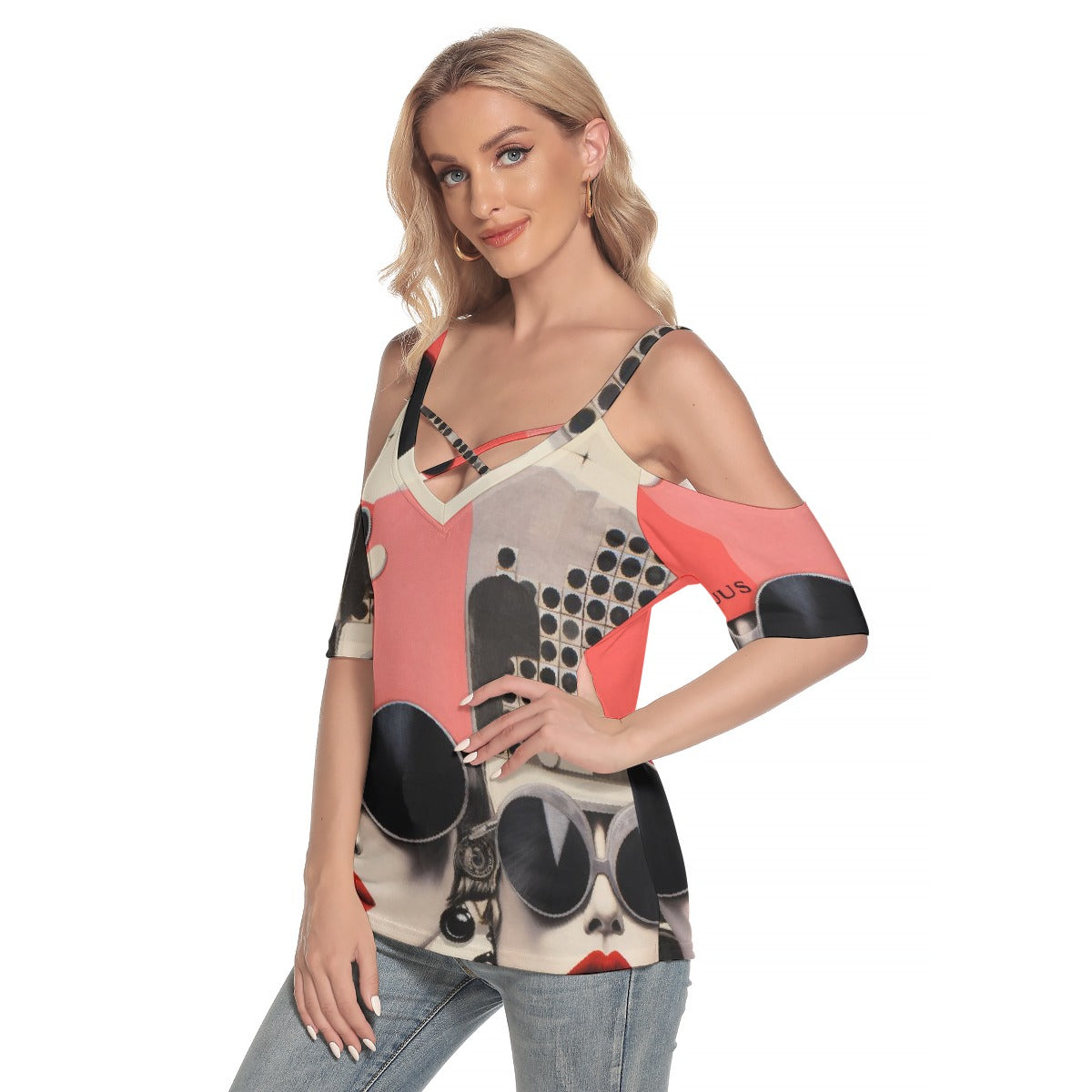 All-Over Print Women's Cold Shoulder T-shirt With Criss Cross Strips