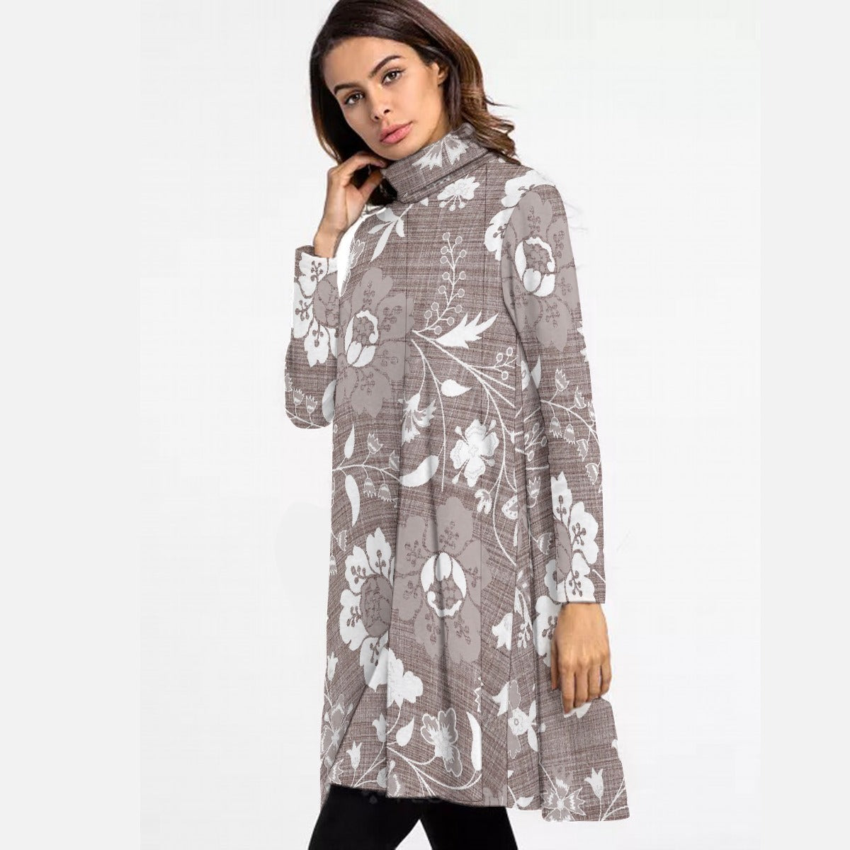 All-Over Print Women's High Neck Dress With Long Sleeve