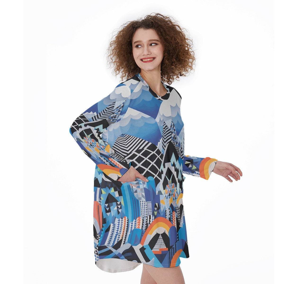 All-Over Print Women's Casual Loose Long Sleeve Dress With Pocket