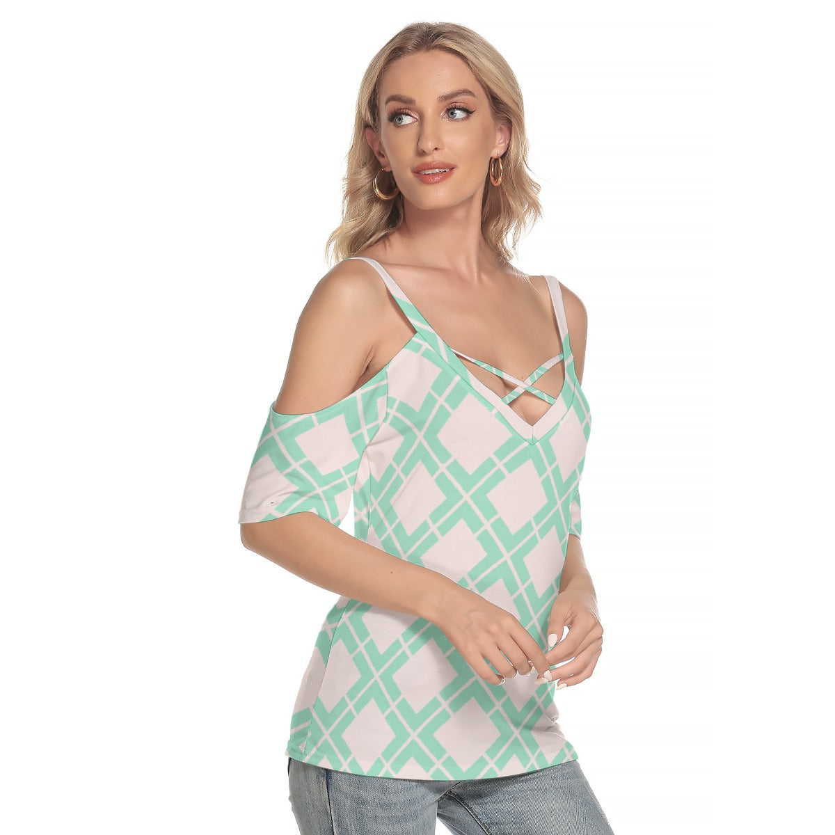 All-Over Print Women's Cold Shoulder T-shirt With Criss Cross Strips