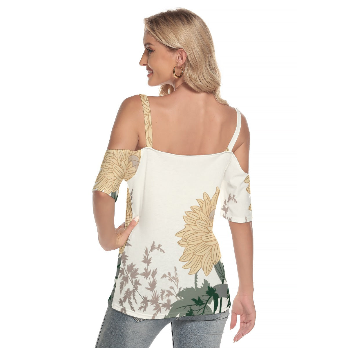 All-Over Print Women's Cold Shoulder T-shirt With Criss Cross Strips