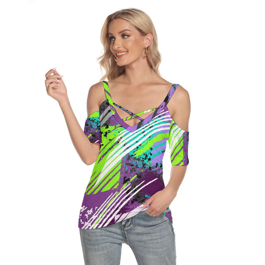 All-Over Print Women's Cold Shoulder T-shirt With Criss Cross Strips