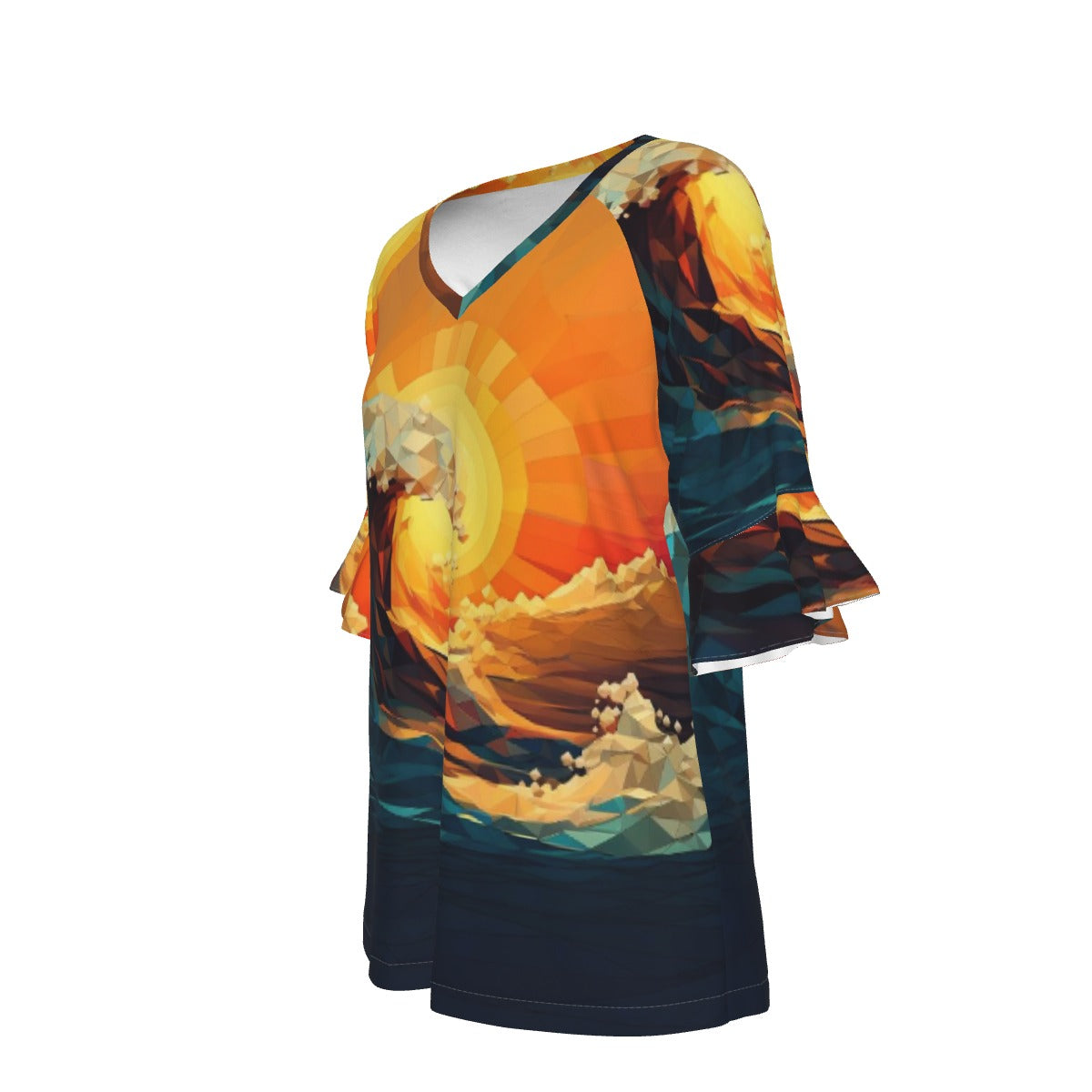 All-Over Print V-neck Women's T-shirt With Bell Sleeve