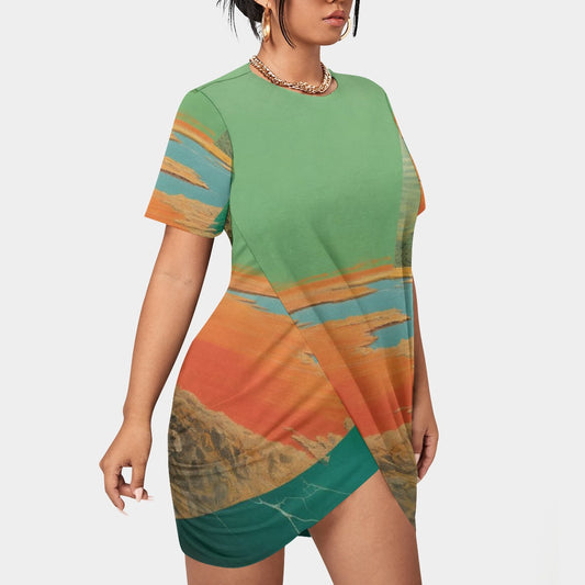 All-Over Print Women’s Stacked Hem Dress With Short Sleeve（Plus Size）