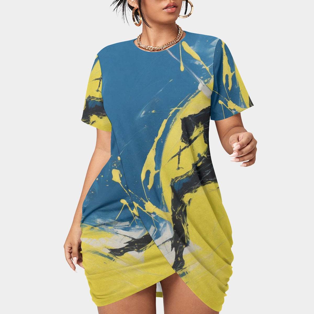 All-Over Print Women’s Stacked Hem Dress With Short Sleeve（Plus Size）