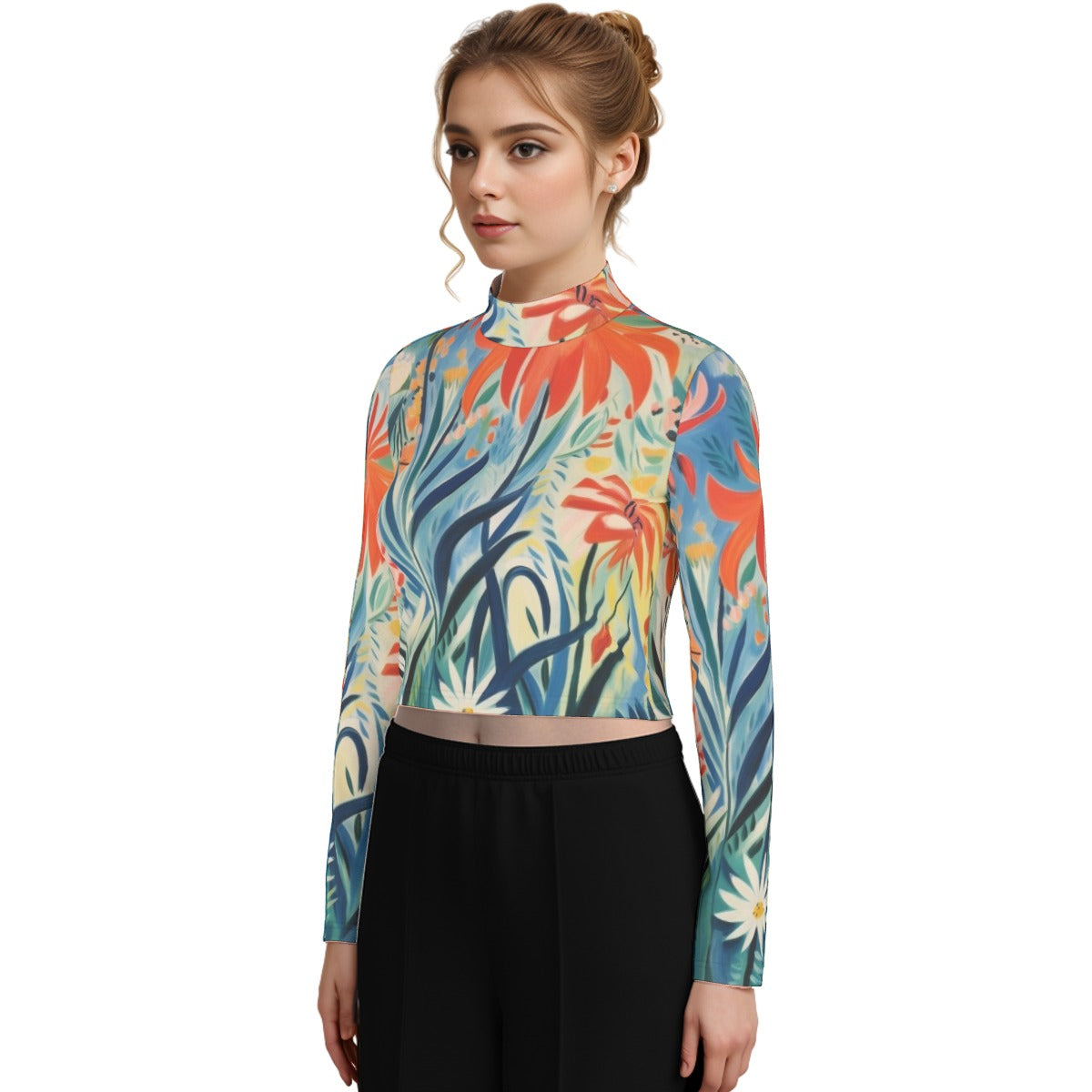 Eco-Friendly All-Over Print Women's Turtleneck T-shirt With Long Sleeve