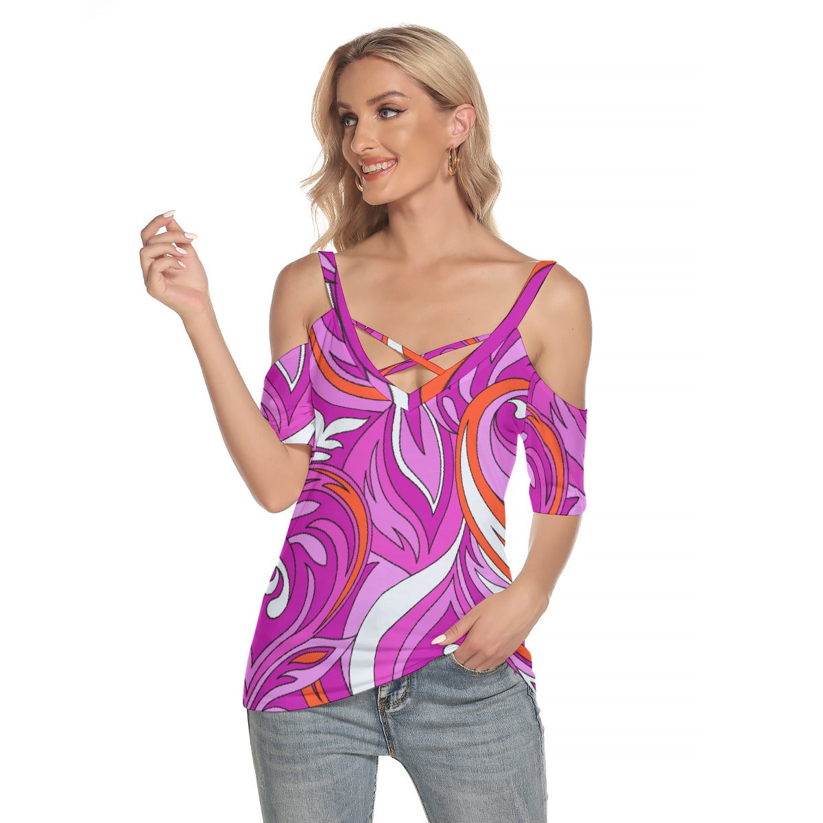 All-Over Print Women's Cold Shoulder T-shirt With Criss Cross Strips