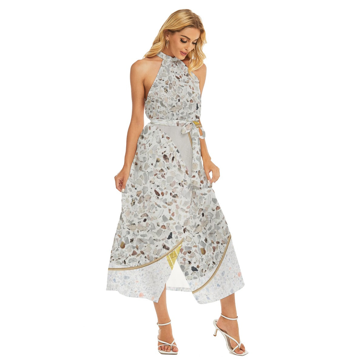 All-Over Print Women's Wrap Hem Belted Halter Dress