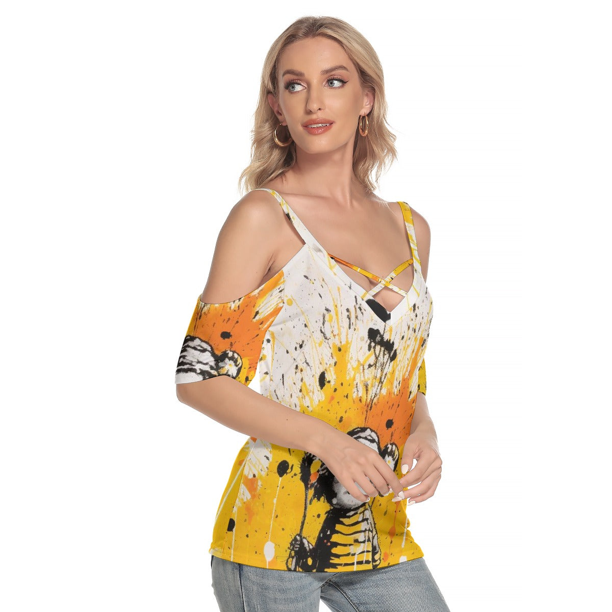 All-Over Print Women's Cold Shoulder T-shirt With Criss Cross Strips