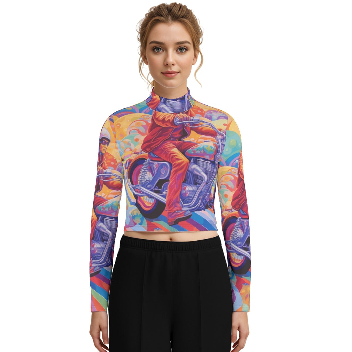 Eco-Friendly All-Over Print Women's Turtleneck T-shirt With Long Sleeve