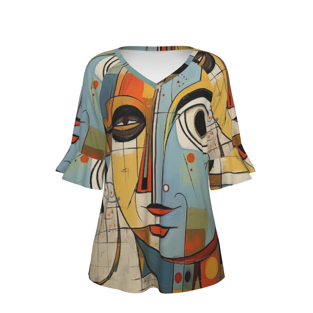 All-Over Print V-neck Women's T-shirt With Bell Sleeve