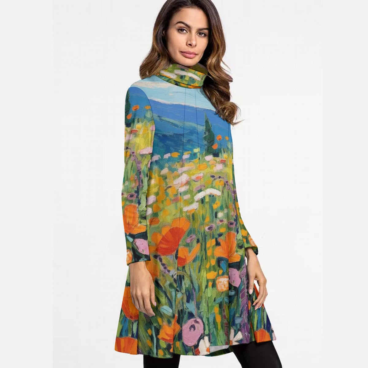 All-Over Print Women's High Neck Dress With Long Sleeve