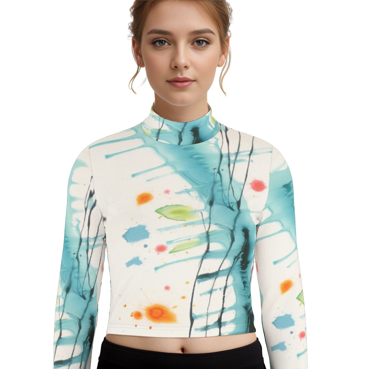 Eco-Friendly All-Over Print Women's Turtleneck T-shirt With Long Sleeve