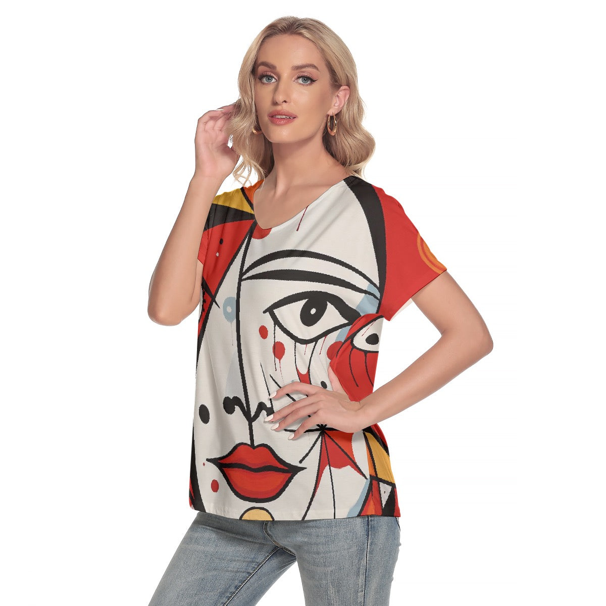 All-Over Print Women's Loose V-neck Short Sleeve T-shirt