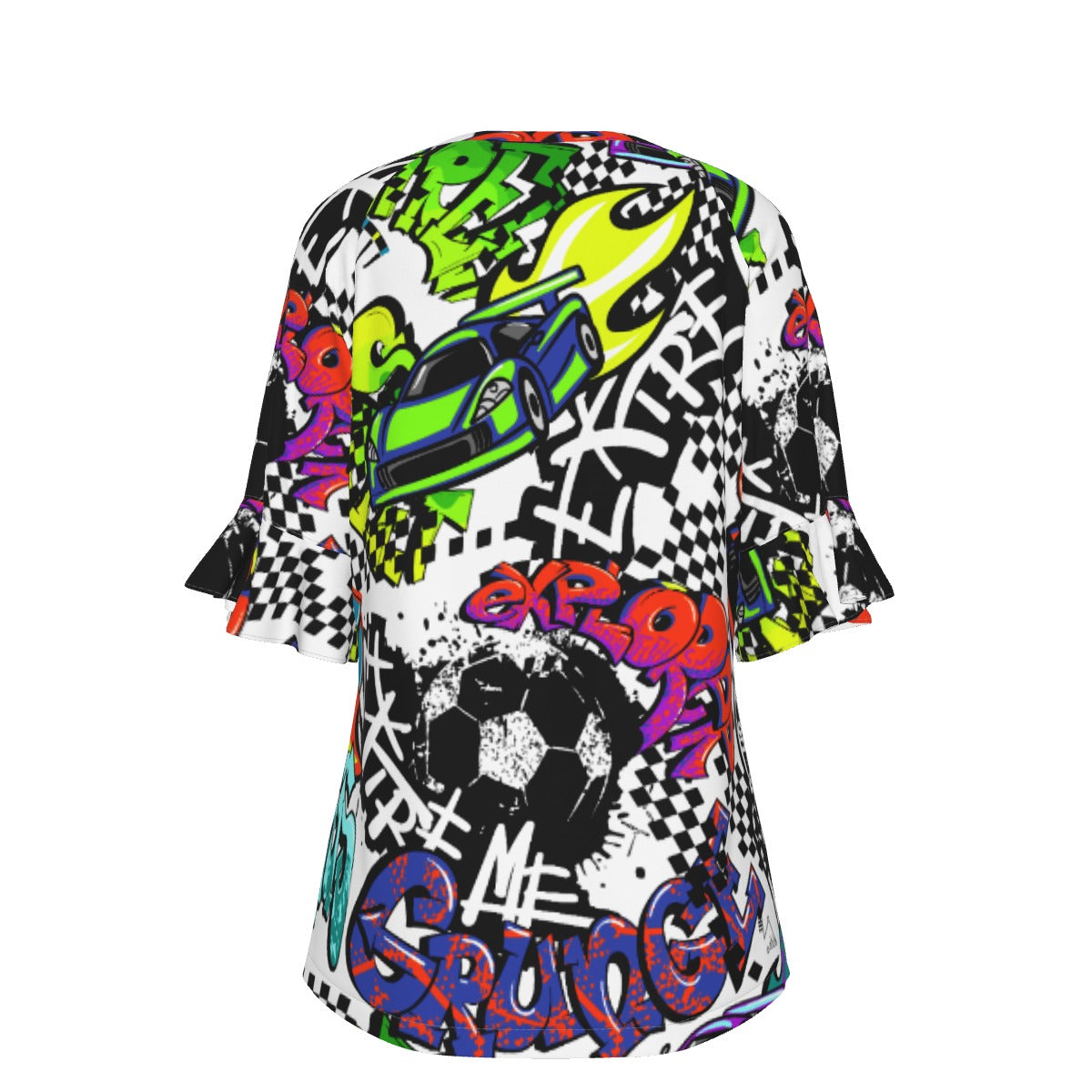 All-Over Print V-neck Women's T-shirt With Bell Sleeve