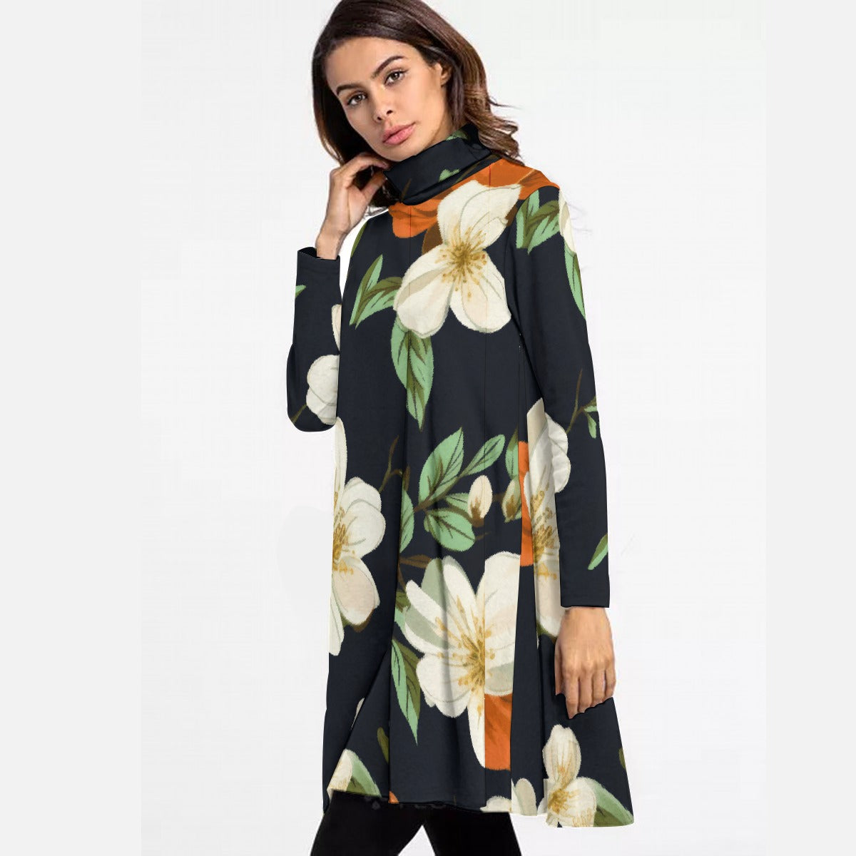 All-Over Print Women's High Neck Dress With Long Sleeve