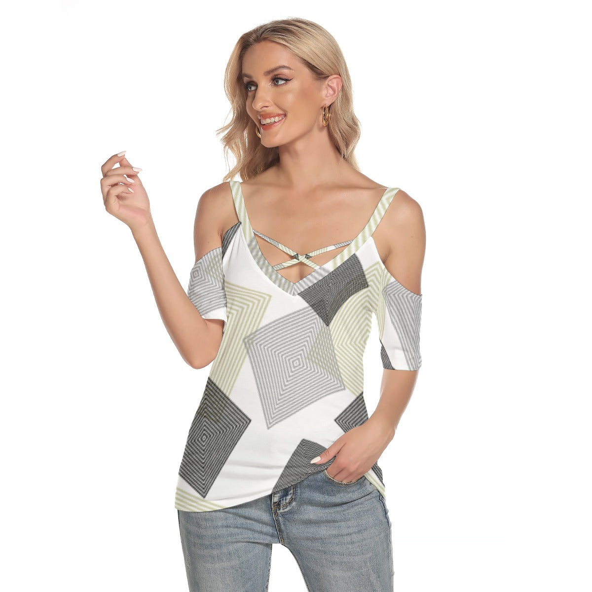 All-Over Print Women's Cold Shoulder T-shirt With Criss Cross Strips