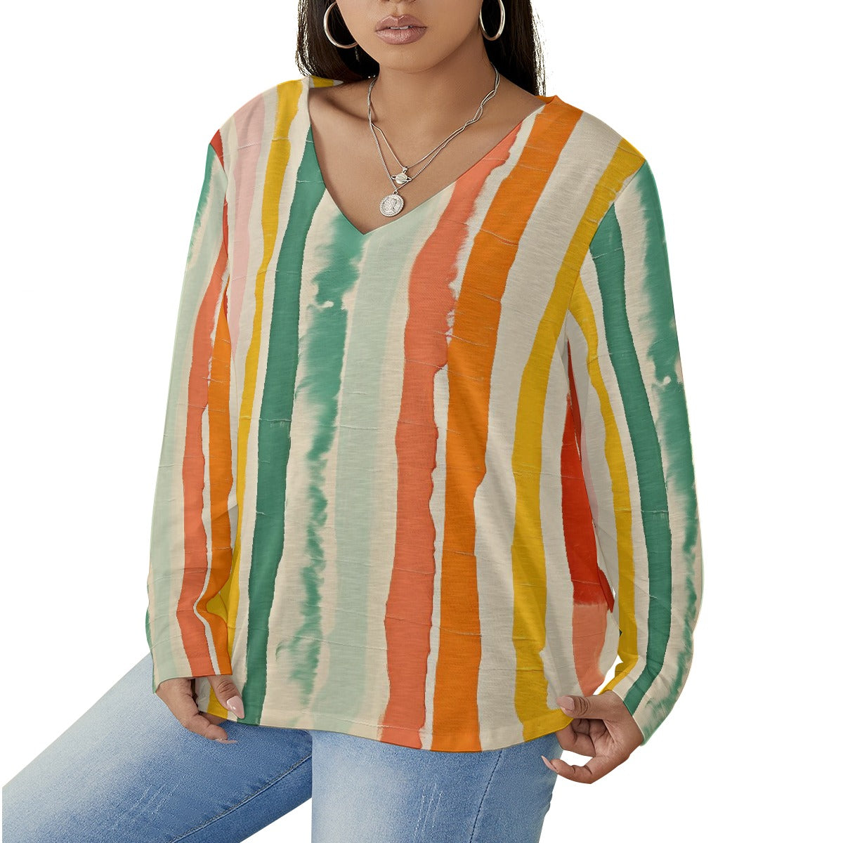 All-Over Print Women's V-neck T-shirt With Curved Hem(Plus Size)