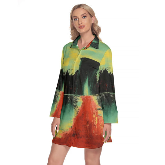 All-Over Print Women's Lapel Shirt Dress With Long Sleeve